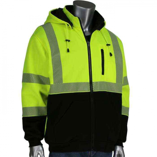PIP 323-1400S-LY-XL, PIP®, ANSI Type R Class 3 Reversible Full Zip Hooded Sweatshirt with Black Bot