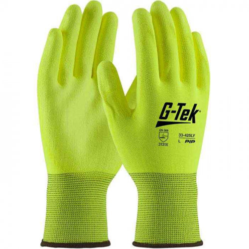 PIP 33-425LY-S, G-Tek®, Hi-Vis Seamless Knit Polyester Glove with Hi-Vis Polyurethane Coated Flat G