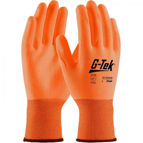 PIP 33-425OR-M, G-Tek®, Hi-Vis Seamless Knit Polyester Glove with Hi-Vis Polyurethane Coated Flat G
