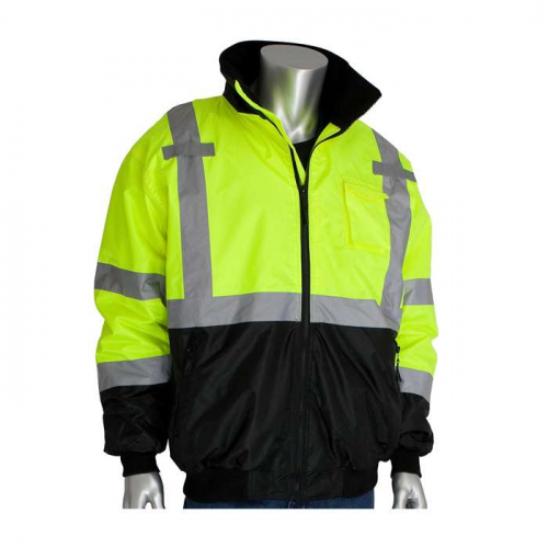 PIP 333-1766-LY-4X, PIP®, ANSI Type R Class 3 Value Black Bottom Bomber Jacket with Zip-Out Fleece 