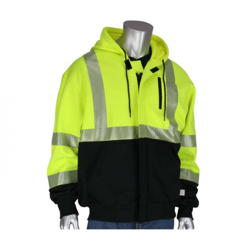 PIP 385-1370FR-LY-3X, PIP®, ANSI Type R Class 3 AR/FR Full Zip Hooded Sweatshirt with Black Bottom,