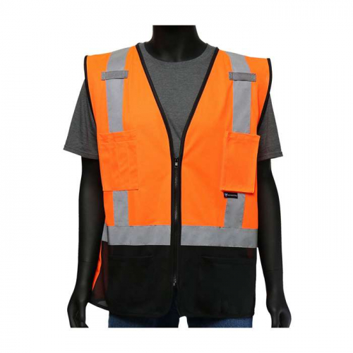 PIP 47212-M, Viz-Up™, ANSI Type R Class 2 Five Pocket Solid Vest with Black Bottom Front, Hi-Vis A