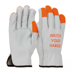 PIP 68-162HV-L, PIP®, Economy Grade Top Grain Cowhide Leather Drivers Glove with Hi-Vis Fingertips 