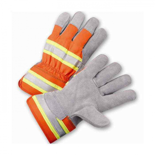 PIP HVO500-XL, PIP®, Superior Grade Split Cowhide Leather Palm Glove with Hi-Vis Fabric Back and Fl