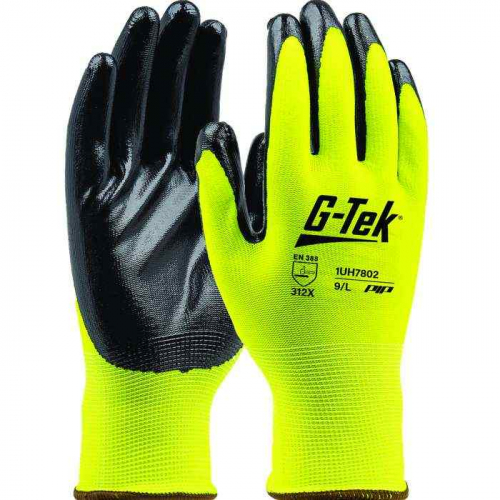 PIP 1UH7802L, G-Tek®, Hi-Vis Seamless Knit Polyester Glove with Nitrile Coated Smooth Grip on Palm 