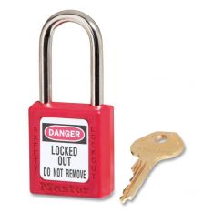 MASTER LOCK 410RED, RED PLASTIC SAFETY PADLOCK  KEYED DIFFERENTLY