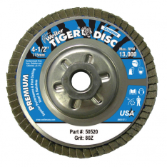 Weiler 804-50520, Tiger Disc Angled Style Flap Disc, 4-1/2 in dia, 80 Grit, 5/8 in-11, 13000 rpm, Ty