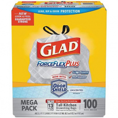 GLAD 863-CLO70427, ForceFlex Tall Kitchen Drawstring Trash Bags, 13 gal, 0.72 mil, 23.75 in W x 24.8
